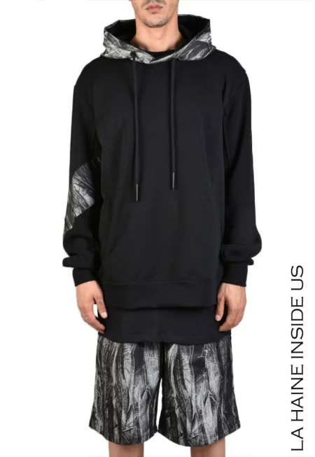 Извънгабаритен суичър с минималистичен принт на качулката и ръкавите - Черен