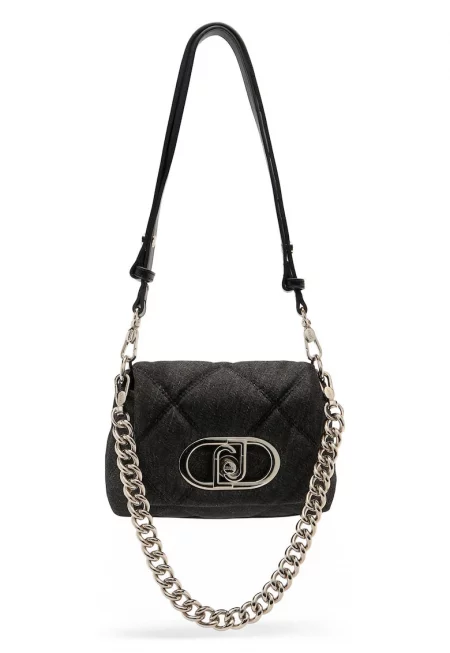 Капитонирана чанта през рамо Lapuffy от деним с презрамка-верижка - Черен