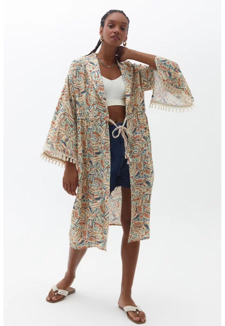 Кимоно с пискюли - Тъмносин/Карамел/Светло бежово