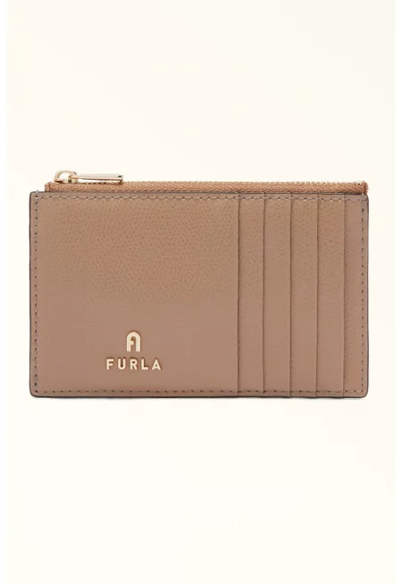 Кожен калъф за карти Camelia с цип - Камел