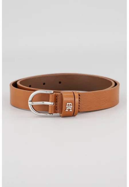 Кожен скини колан с лого - Канелено кафяво