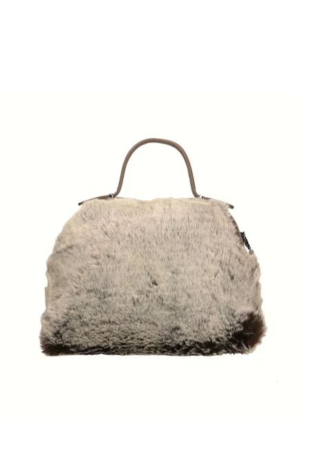 Кожена чанта с мъхест детайл - Сиво-кафяв