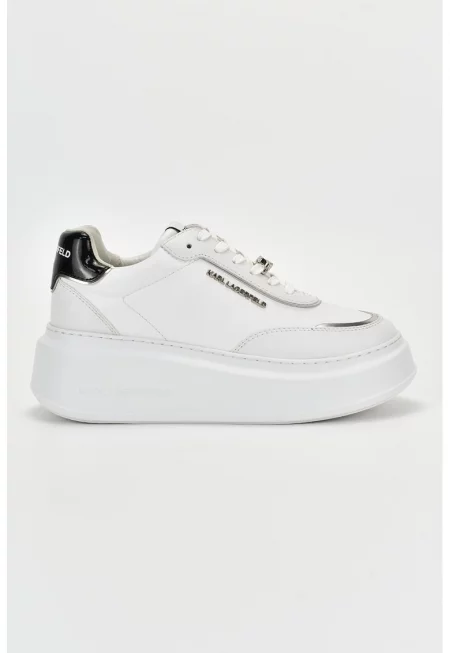 Кожени спортни обувки със скосена подметка и лого - Бял/Сребрист