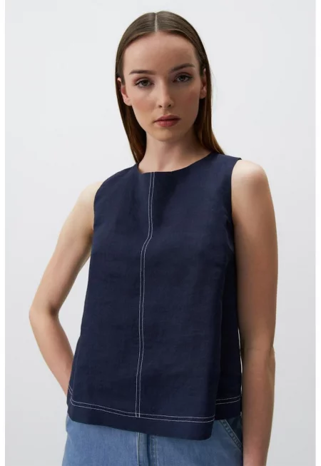 Лен топ без ръкави - Тъмносин