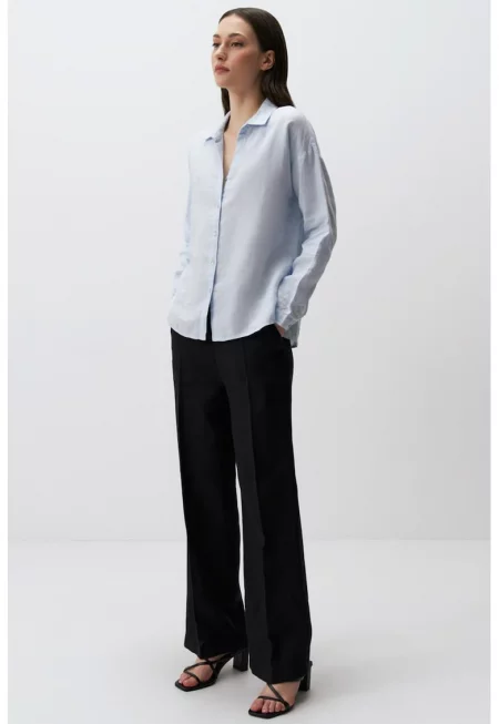 Ленен панталон с еластична талия - Черен