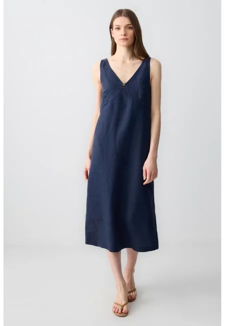 Ленена шпиц миди рокля - Тъмносин