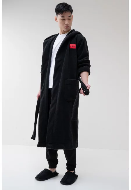 Мъхест памучен халат с качулка - Черен