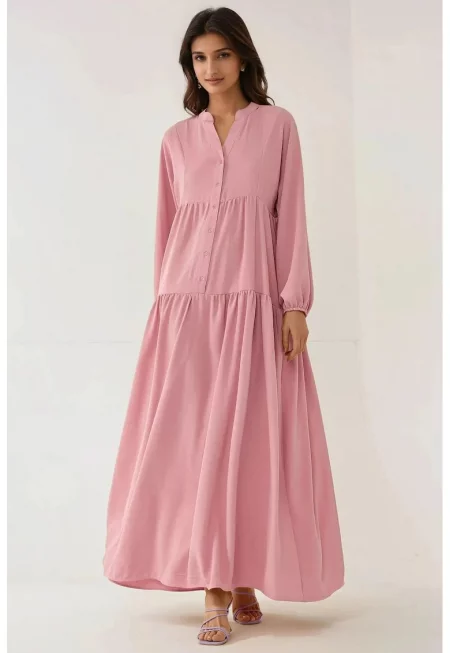 Макси рокля  V-образно деколте - копчета - розова - текстил