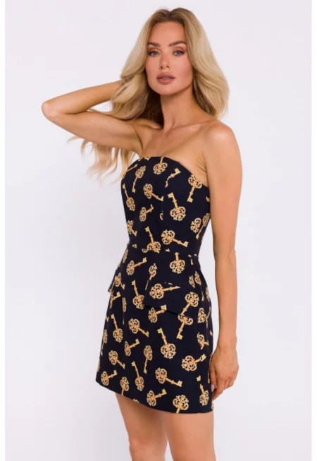 Мини корсетна рокля с шарка -  черно/златно -