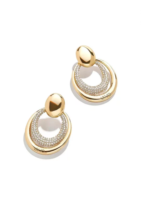 Обеци от неръждаема стомана с кристали - Златист/Бял