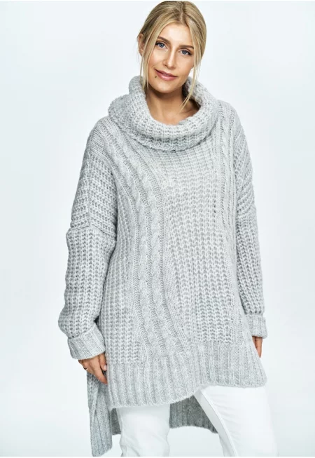 Оувърсайз пуловер  сив - плетен - с висока яка - мек и издръжлив материал - Един размер