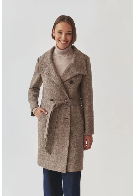 Палто с вълна с висока яка - Кафяв меланж