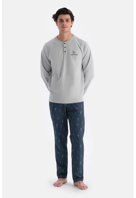 Памучна пижама с дълги ръкави - Сив/Тъмносин