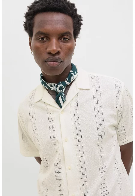 Памучна тениска с ажур - Мръснобял -