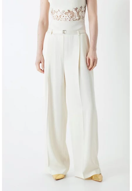 Панталон с широк крачол и тънък колан - Слонова кост