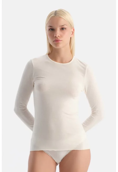 Пижамена слим блуза с кашмир - Мръснобял -