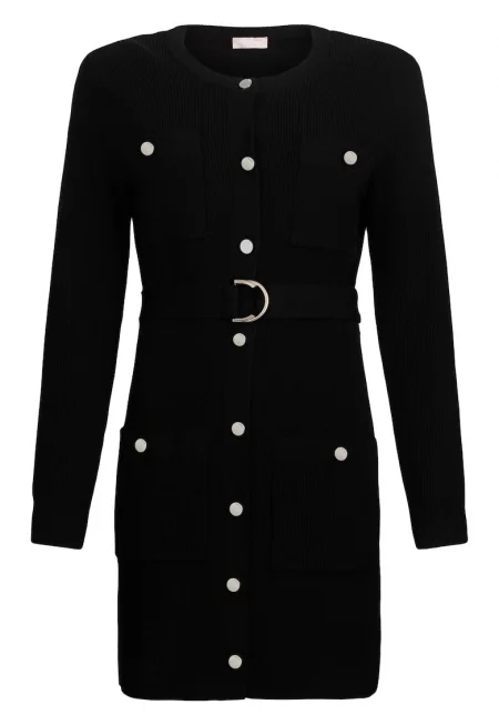 Плетена рокля с подплънки на раменете - Черен