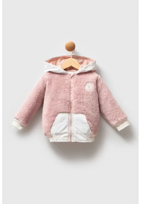 Плюшено яке с с качулка и лого - Мръснобял/Прашно розово