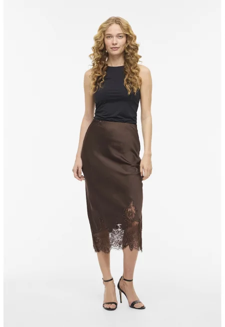 Пола с висока талия и дантела - Тъмнокафяв
