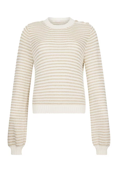 Пуловер с овално деколте и райе - Бежов