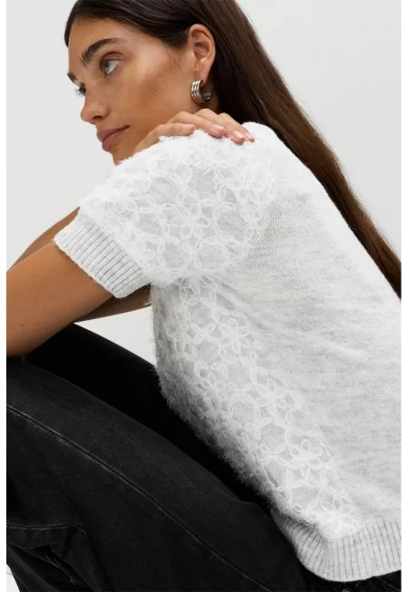 Пуловер с вълна с дантела - Бял/Светлосив меланж