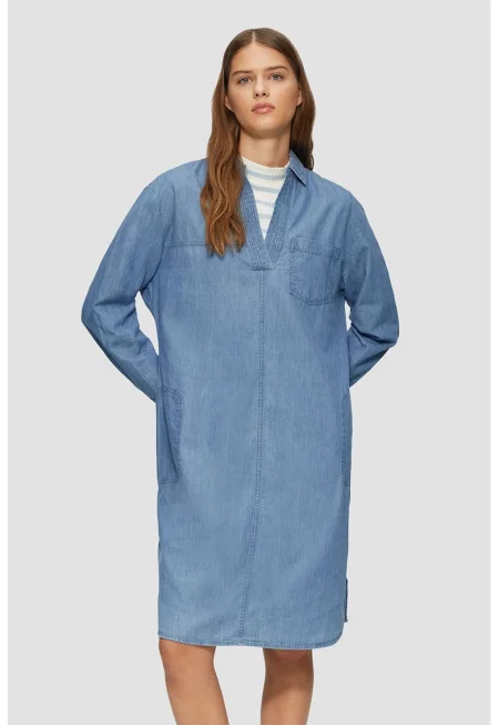 Разкроена памучна шпиц рокля - Син