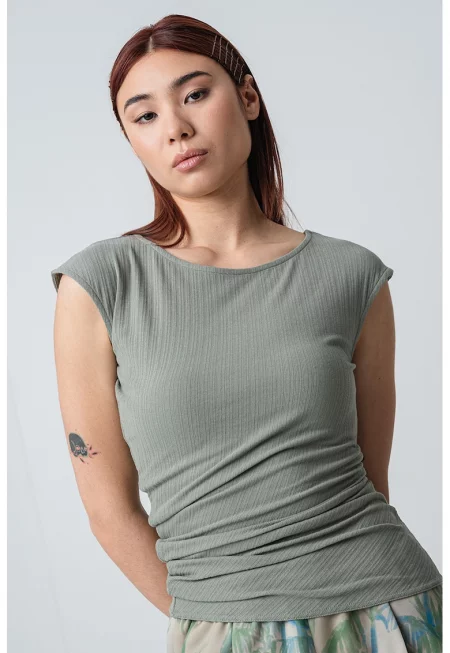 Рипсена тениска Sfoglia с овално деколте - Папратово зелено