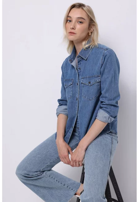 Риза от деним с капси - Син