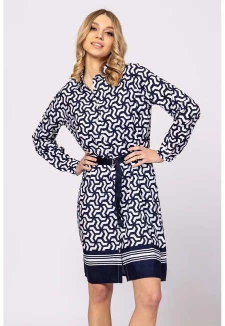 Риза-рокля  права кройка - декоративна яка - бял/тъмносин - 100% вискоза