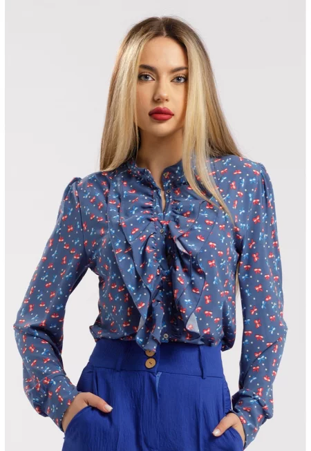 Риза с десен и набирания - Червен/Тъмносин