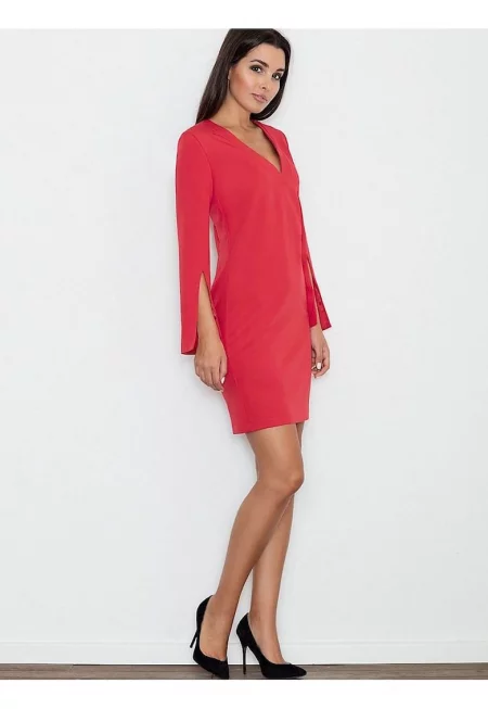 Рокля  елегантна - права кройка - ръкави с цепки - червена - полиестер-вискоза
