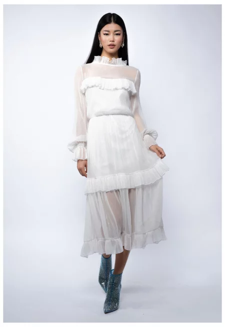 Рокля миди от воал от филмирана коприна с деликатни волани