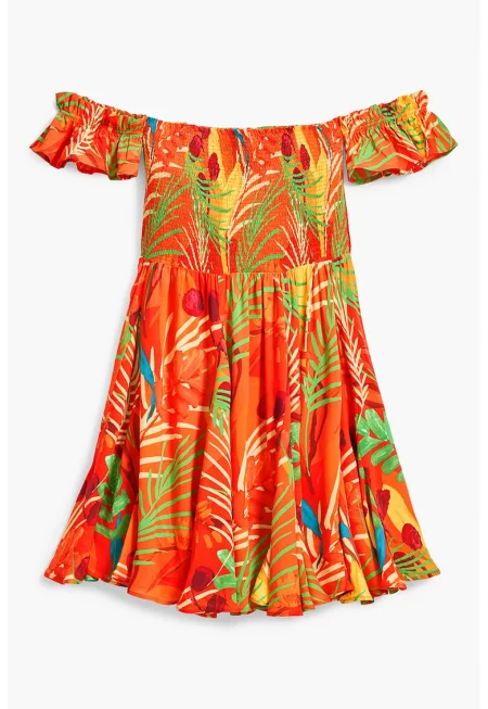 Рокля с голо рамо с принт - Зелен/Мандарина/Син