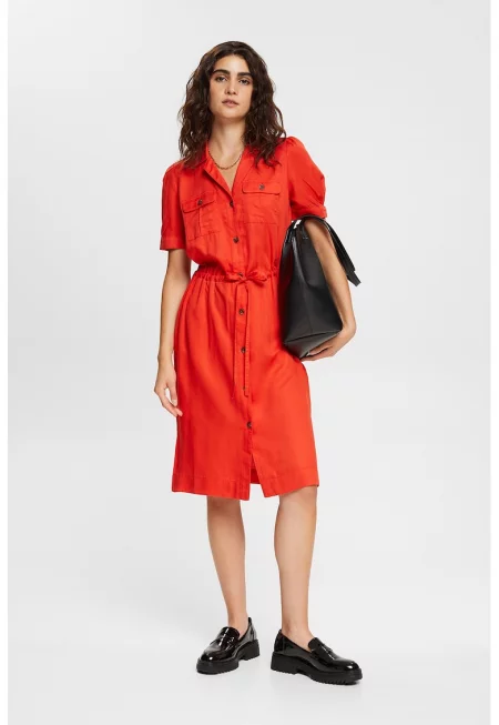 Рокля тип риза от лиосел с връзка - Мандарина