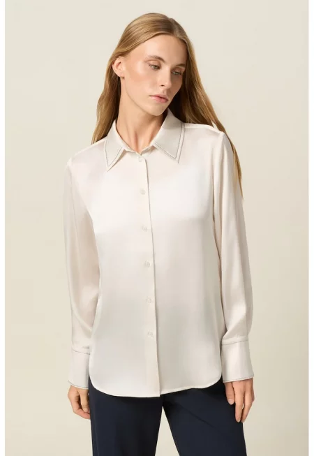 Сатинирана риза с копчета на маншетите - Слонова кост