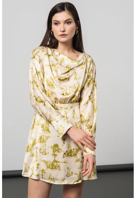 Сатинирана рокля с щампа - Слонова кост/Лайм зелено