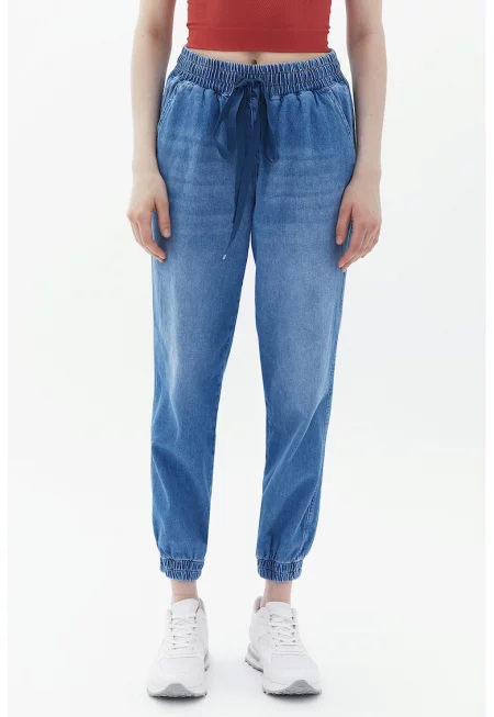 Скъсени памучни дънки с връзки - Син