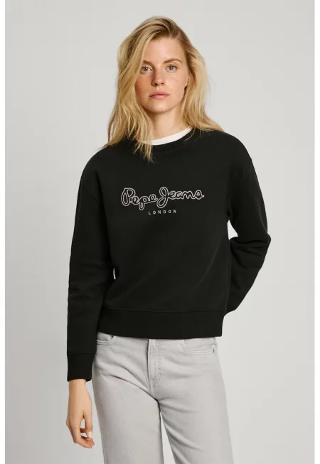 Суитшърт с овално деколте и лого - Черен