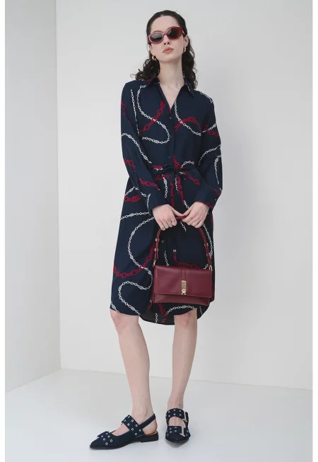 Свободна миди рокля-риза с колан - Тъмносин