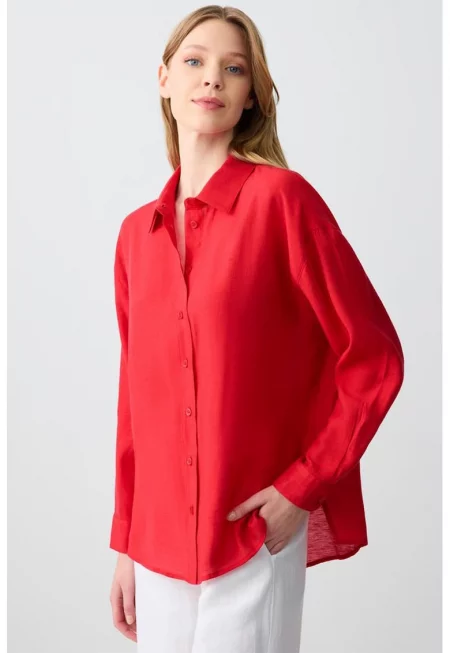 Свободна риза с лен - Аленочервен