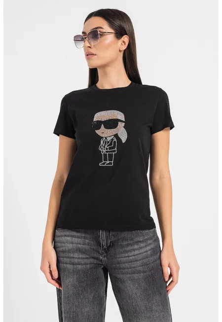 Тениска от органичен памук с декоративни камъни Ikonik 2.0 - Черен