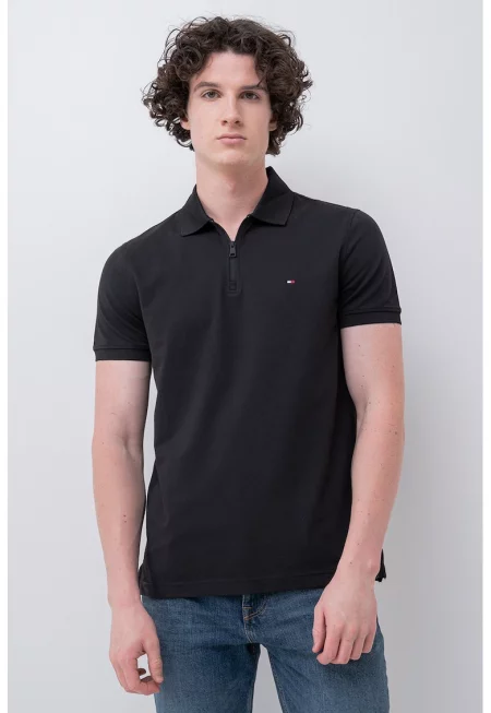 Тениска с къс цип и яка - Черен