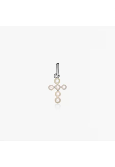 Висулка от бяло злато с перлен кръст - естествени перли