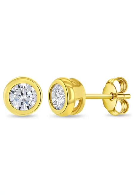 14К златни обеци за деца и тийнейджъри - модел Sparkling Bezel с CZ камък - закопчаване тип пеперуда