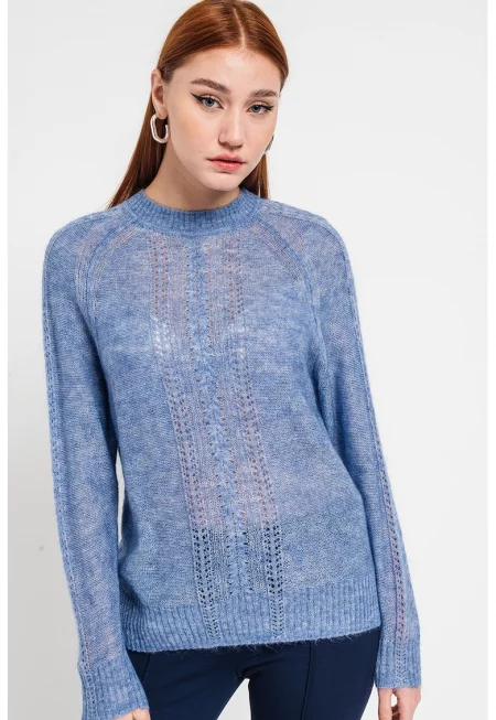 Ажурен пуловер с овално деколте - Пастелносин