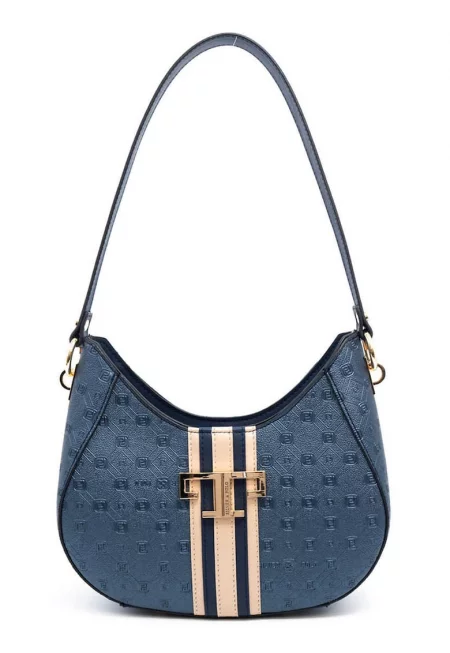 Чанта за рамо от еко кожа с принт - Крем/Тъмносин