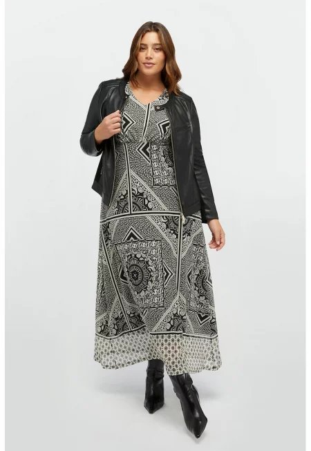 Дълга разкроена рокля с шпиц - Черен/Мръснобял