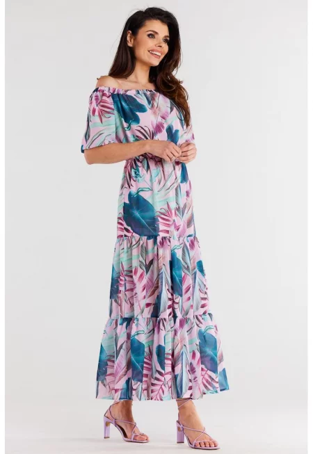 Дълга Рокля с Флорални Мотиви и Къс Ръкав A504