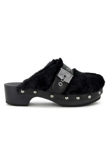 Дамски чехли  Pescura Alaska - изкуствена козина - естествена кожа - черен - подметка от дърво и EVA пяна -