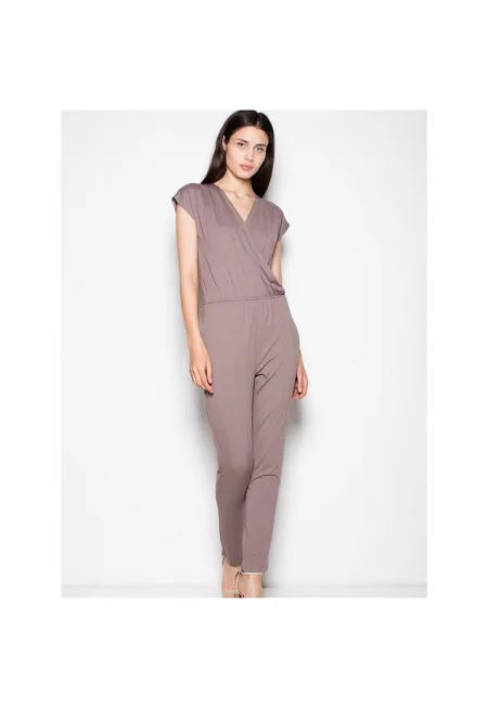Дамски гащеризон  къс ръкав - ефектно деколте - кафяв - вискоза